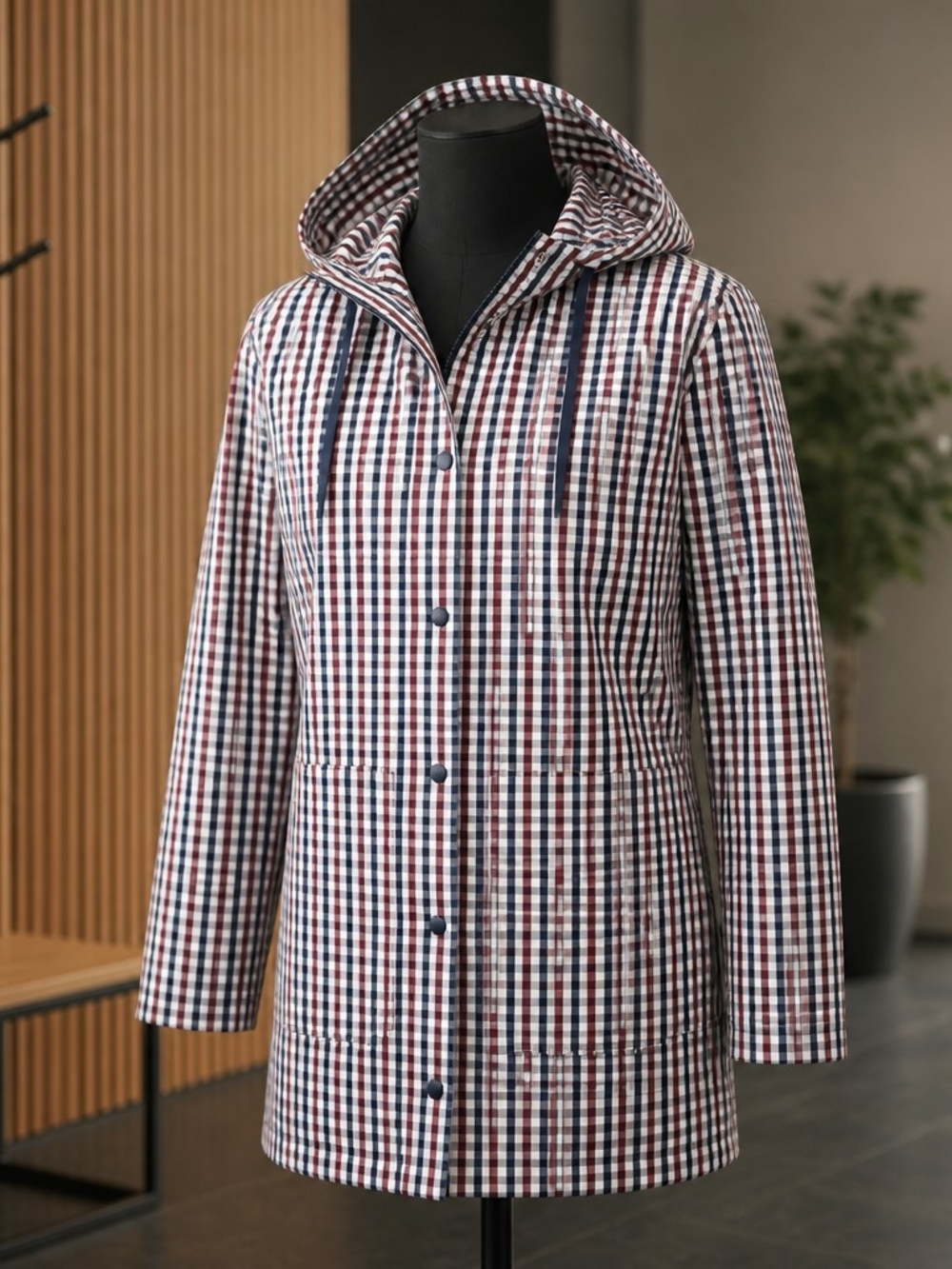 Free Assembly Anorak Rain Jacket Size L  Hooded Chore Coat Nautical Check Plaid
